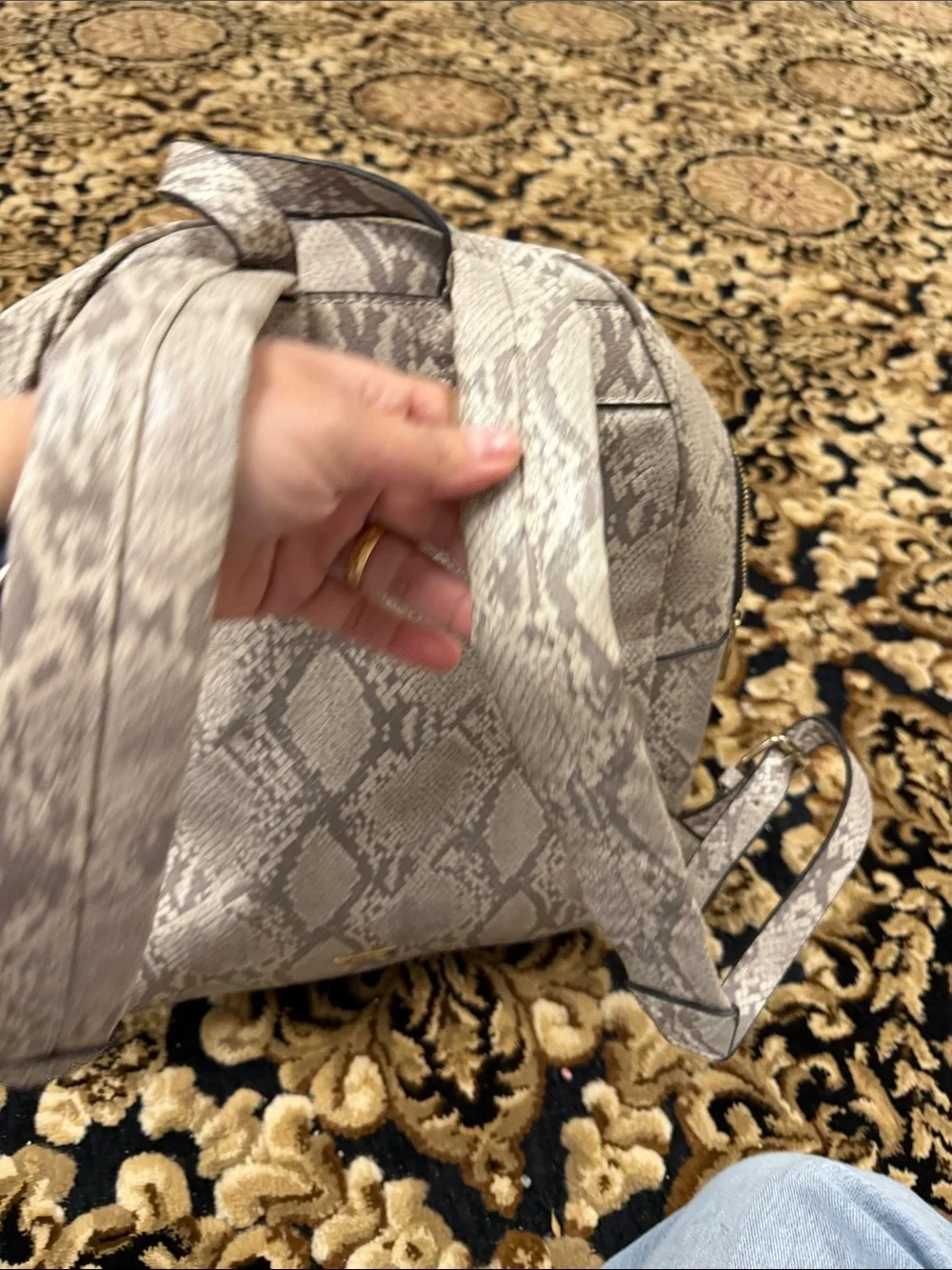 Aldo Beige Snake-Print Backpack with Red Rose & Heart Patches